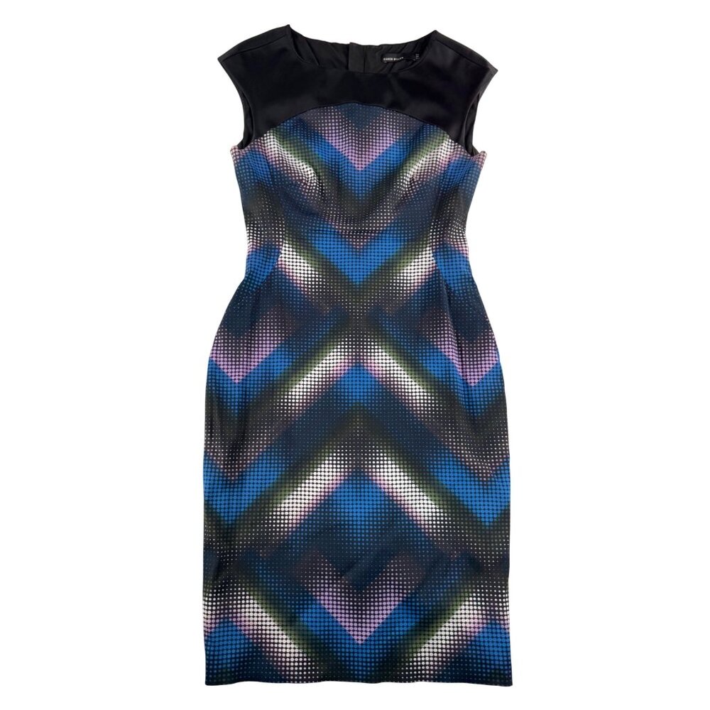 Karen Millen Geo print satin midi sheath dress retro cocktail sz 8